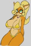 anthro big_breasts bikini bikini_bottom bikini_top blonde_hair breasts cleavage clothed clothing eyewear female glasses gold_bikini green_eyes hair huge_breasts multicolored_body navel orange_body ponytail smile solo swimwear tan_body thick_thighs two-piece_swimsuit two_tone_body wide_hips axelarion activision crash_bandicoot_(series) golden_week coco_bandicoot bandicoot mammal marsupial 2023