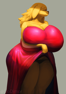 anthro big_breasts big_butt black_nose blonde_hair breasts butt clothed clothing clothing_lift dress female female_anthro fingers fur grey_background hair hair_over_eyes huge_breasts lingerie_panties overweight overweight_anthro overweight_female panties red_clothing red_dress simple_background solo text underwear yellow_body yellow_fur liodimor canid canine canis domestic_dog mammal 2025 artist_name hi_res
