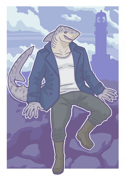 4_fingers anthro blue_clothing blue_coat blue_topwear boots bottomwear button_(fastener) claws clothed clothed_anthro clothed_male clothing cloud coat finger_claws fingers footwear gills grey_body grey_boots grey_bottomwear grey_claws grey_clothing grey_footwear grey_pants grey_tail lighthouse looking_aside male male_anthro neck_gills open_clothing open_coat open_topwear orange_eyes outline outside pants pecs pupils rock rubber_boots sharp_teeth shoes sitting sky smile solo tail teeth topwear white_outline snarkysardine fish marine requiem_shark shark tiger_shark 2025 hi_res