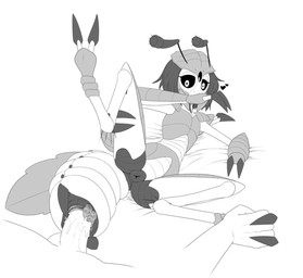 animal_genitalia antennae_(anatomy) anthro arthropod_abdomen arthropod_abdomen_genitalia arthropod_abdomen_penetration arthropod_abdomen_vulva black_eyes butt cloaca covering covering_face duo embarrassed faceless_character faceless_male feet female female_focus foot_grab genitals hair male male/female multi_limb penetration presenting presenting_hindquarters raised_leg shy unusual_anatomy unusual_genitalia unusual_vulva vulva redboard out-of-placers yannit arthropod humanoid indrel insect greyscale monochrome