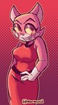 anthro clothed clothing dress evil_grin eyebrows female fur gesture grin hand_on_hip looking_at_viewer narrowed_eyes pattern_background pink_body pink_fur raised_eyebrows red_clothing red_dress red_eyes simple_background smile smiling_at_viewer solo marvazoid super_planet_dolan shima_prime domestic_cat felid feline felis mammal digital_drawing_(artwork) digital_media_(artwork)