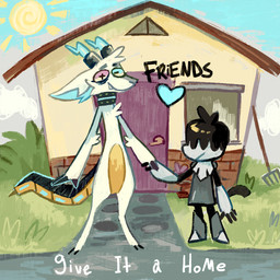 ambiguous_gender anthro building collar day door duo female hand_holding heart_symbol hooves horn house nude pitchfork sky sun text tools window geckozen floraverse evelyn_(floraverse) bovid caprine goat mammal 1:1 2018 english_text