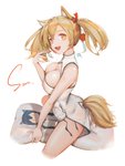 blonde_hair body_pillow breasts female hair open_mouth pillow simple_background smile solo white_background eyyy arknights hypergryph studio_montagne sora_(arknights) texas_(arknights) animal_humanoid canid canid_humanoid humanoid mammal mammal_humanoid 2020 3:4 hi_res