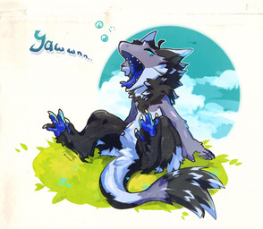 anthro chibi claws eyes_closed forked_tongue grass male open_mouth pawpads plant sitting solo tail tail_tuft teeth tongue tuft yawn masvino zanus_(zanussergal) sergal hi_res
