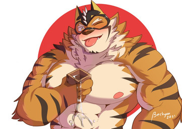 alcohol anthro beverage blush drunk male mask muscular muscular_anthro muscular_male nipples pecs sake solo substance_intoxication superhero beckykyun lifewonders live_a_hero ryekie_(live_a_hero) felid mammal pantherine tiger