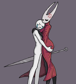 annoyed anthro big_butt black_eyes bodily_fluids breasts butt butt_grab cloak clothing cross-popping_vein duo empty_eyes eyes_closed female grey_background hand_on_butt holding_object holding_weapon hornet's_needle hug male red_cloak red_clothing side_view simple_background tears weapon white_body verdantmosu hollow_knight_(franchise) krillin_hugs_android_18 team_cherry hornet_(hollow_knight) arthropod human insect mammal hi_res meme