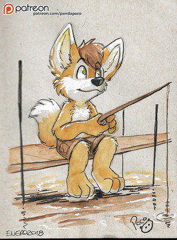 anthro barefoot big_ears black_nose brown_hair cheek_tuft chest_tuft clothed clothing dipstick_ears ear_markings facial_tuft feet fishing fishing_rod fur green_eyes hair logo male mouth_closed multicolored_ears short_hair solo tail topless tuft white_body white_fur white_tail yellow_body yellow_fur yellow_tail young young_anthro young_male pandapaco canid canine mammal 2018 artist_logo dated signature