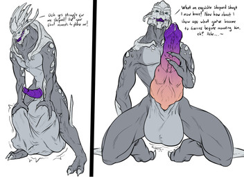 anthro aroused balls big_balls big_penis bulge cock_transformation cock_vore detailed_bulge digestion digestion_implied erection face_imprint fatal fatal_vore genitals hand_on_balls hand_on_penis huge_balls huge_penis human_prey hyper hyper_balls hyper_genitalia hyper_penis implied_fatal imprint kneeling larger_pred male male_pred male_prey mocking muffled nude penile penis pose predator/prey presenting prey_imprint prey_outline size_difference soft_vore solo spread_legs spreading squirming stretched_balls struggling struggling_prey taunting text tight_balls transformation villains_win vore conditional_dnp samagthrav2 bioware electronic_arts mass_effect commander_shepard saren_arterius alien human mammal turian absurd_res english_text hi_res pinup