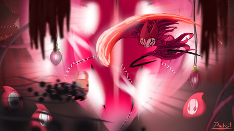 2_horns ambiguous_gender attack battle biped cloak clothing detailed_background duo horn lamp lantern mask red_eyes text pachart hollow_knight_(franchise) team_cherry nightmare_king_grimm_(hollow_knight) the_knight_(hollow_knight) arthropod vessel_(species) 16:9 2025 artist_name english_text hi_res widescreen