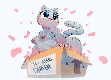 5_fingers anthro anthrofied areola big_eyes biped black_stripes box breasts butt cardboard cardboard_box cat_tail container crossgender excited female fingers fur grey_body grey_fur happy label markings mtf_crossgender nipples open_mouth open_smile packing_peanuts pink_nose shipping_container simple_background small_breasts smile solo striped_body striped_fur striped_markings striped_tail stripes tail tail_markings text white_background sachsech205 garfield_(series) nermal_(garfield) domestic_cat felid feline felis mammal