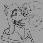 1:1 2019 anthro biped breasts canid canine canis clothed clothing dialogue dingo english_text female hair hi_res mammal monochrome open_mouth solo speech_bubble sunderlovely teeth text tongue tongue_out