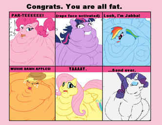 applejack_(mlp) blob blonde_hair blue_fur cutie_mark equine eyes_closed female fluttershy_(mlp) friendship_is_magic fur group hair horn horse insane mammal multicolored_hair multiple_chins my_little_pony obese orange_fur overweight pegasus pink_fur pink_hair pinkie_pie_(mlp) pony purple_fur purple_hair rainbow_dash_(mlp) rainbow_hair rape_face rarity_(mlp) sweat tongue tongue_out twilight_sparkle_(mlp) two_tone_hair unicorn white_fur wings yellow_fur
Rating: Safe
Score: -8
User: Lordryu
Date: September 22, 2012 applejack_(mlp) blob blonde_hair blue_fur cutie_mark equine eyes_closed female fluttershy_(mlp) friendship_is_magic fur group hair horn horse insane mammal multicolored_hair multiple_chins my_little_pony obese orange_fur overweight pegasus pink_fur pink_hair pinkie_pie_(mlp) pony purple_fur purple_hair rainbow_dash_(mlp) rainbow_hair rape_face rarity_(mlp) sweat tongue tongue_out twilight_sparkle_(mlp) two_tone_hair unicorn white_fur wings yellow_fur
Rating: Safe
Score: -8
User: Lordryu
Date: September 22, 2012