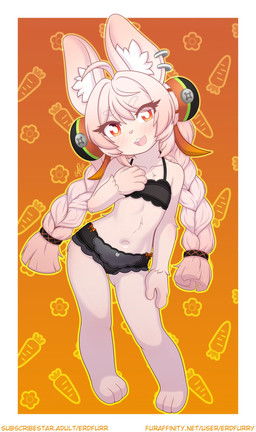 3_toes ahoge anthro barefoot braided_hair clothing ear_piercing eyebrows feet female female_anthro flat_chested fur hair inner_ear_fluff lace_panties long_hair looking_at_viewer paws piercing pigtails pink_body pink_fur pink_hair pupils red_eyes ribbons simple_background smile solo thick_eyebrows toes tuft twin_braids underwear white_pupils young young_anthro young_female willfurr mihoyo zenless_zone_zero zhao_(zenless_zone_zero) lagomorph leporid mammal rabbit thiren 2025 digital_media_(artwork) hi_res adult_(lore)