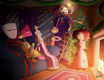 ambiguous_gender anthro blue_clothing blue_dress blue_eyes brown_hair button_(fastener) button_eyes chess_piece christmas_star clothing dress female fireplace gloves group hair handwear holding_object holding_ornament holidays light logo male mask not_furry not_furry_focus overalls purple_body purple_clothing purple_robe rag_doll_(toy) red_hair robe rug smile star_ornament stock_image triangle_nose yellow_clothing yellow_gloves yellow_handwear avasarts christmas glitch_productions the_amazing_digital_circus gangle_(tadc) jax_(tadc) kinger_(tadc) pomni_(tadc) ragatha_(tadc) zooble_(tadc) animate_inanimate lagomorph leporid living_chess_piece living_mask living_toy mammal rabbit 2025 absurd_res artist_logo digital_media_(artwork) digital_painting_(artwork) english_description hi_res lighting painting_(artwork) nonbinary_(lore)