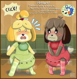 accessory anthro bell big_diaper blue_quills blush blush_lines brown_body brown_fur button_(fastener) camera_view click clothing diaper embarrassed exclamation_point eyebrows female floppy_ears fluffy fluffy_tail freckled_face freckles fur group hair_accessory hair_tie hand_on_diaper legwear male onesie open_mouth orange_cheeks poof raised_eyebrow smile stockings tail text touching_diaper trio white_body white_fur white_skin wiggle_lines yellow_body yellow_fur bougie animal_crossing nintendo digby_(animal_crossing) isabelle_(animal_crossing) mabel_(animal_crossing) canid canine canis domestic_dog eulipotyphlan hedgehog mammal shih_tzu toy_dog english_text hi_res sibling_(lore) twins_(lore)