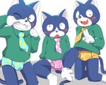 5_fingers 5_toes anthro balls_outline barefoot bent_legs blue_body blue_clothing blue_fur blue_necktie blue_underwear blush briefs bulge cheeky clothed clothing colored_seam_underwear detailed_bulge embarrassed fangs feet fingers fur genital_outline gesture green_clothing green_topwear grey_seam_underwear grin group hand_gesture happy looking_at_viewer male navel necktie one_eye_closed one_eye_half-closed open_mouth pantsless pattern_clothing pattern_underwear penis_outline pink_clothing pink_necktie pink_underwear serious simple_background sitting smile soles spread_legs spreading tail teeth toes topwear trio underwear v_sign white_background white_body white_fur yellow_clothing yellow_necktie yellow_underwear kemoizumi shima_shima_tora_no_shimajirou dot_(shima_shima_tora_no_shimajirou) karakusa_(shima_shima_tora_no_shimajirou) paisley_(shima_shima_tora_no_shimajirou) domestic_cat felid feline felis mammal 2025 5:4 hi_res japanese_description sibling_(lore) triplets_(lore)