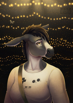 black_hair brown_eyes female grey_body hair mane mohawk night sad solo string_lights harmaagriffin ceres_moore_(justoffkilter) asinus donkey equid equine hybrid mammal mule hi_res portrait