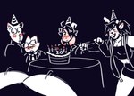 anthro big_butt birthday birthday_cake blush breasts butt cake candle cleavage clothed clothing dessert embarrassed female femboy food group hat headgear headwear male male/female offscreen_character party party_hat pouting punch twerking dracozhilla deltarune undertale undertale_(series) alphys asriel_dreemurr burgerpants catty_(undertale) dess_holiday boss_monster_(undertale) deer felid lizard mammal reptile scalie hi_res monochrome