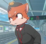 anthro black_nose brown_body brown_fur brown_markings clothing detailed_background fur grey_necktie hat headgear headwear male markings necktie orange_body orange_fur pupils red_eyes sharp_teeth slit_pupils solo tan_body tan_fur tan_inner_ear teeth train_station kimacats evil_kima domestic_cat felid feline felis mammal 2021