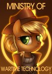 2019 absurd_res alternate_version_at_source applejack_(mlp) blonde_mane brown_background clothed clothed_feral clothing cowboy_hat english_text equid equine eyelashes fallout_equestria female feral freckles friendship_is_magic fur green_eyes hasbro hat headgear headwear hi_res horse jedayskayvoker looking_at_viewer mammal mane my_little_pony orange_body orange_fur pony poster poster_template signature simple_background solo text