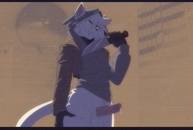 5_fingers anthro balls biped bodily_fluids erection fingers foreskin fur genital_fluids genitals glans green_eyes hair holding_knife holding_object humanoid_genitalia humanoid_penis knife male penis precum solo tail white_body white_fur white_hair munkeesgomu trevor_(munkeesgomu) domestic_cat felid feline felis mammal