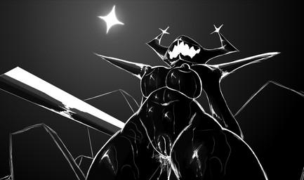 anthro big_breasts bodily_fluids breasts female genital_fluids genitals grin horn low-angle_view melee_weapon metallic_body navel nipples smile solo standing sweat sword thick_thighs vaginal_fluids vulva weapon wet niannn deltarune undertale_(series) roaring_knight hi_res monochrome