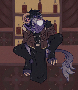 4_ears 4_horns anthro bedroom_eyes biped black_body black_clothing black_fur black_hair black_legwear black_thigh_highs bottle brown_clothing brown_jacket brown_topwear clothed clothed_anthro clothed_female clothing container cup drinking female female_anthro fur grey_body grey_fur grey_hair hair holding_container holding_cup holding_object horn jacket legwear looking_at_viewer multi_ear multi_horn multicolored_body multicolored_fur multicolored_hair narrowed_eyes on_counter pink_nose pupils purple_eyes seductive slit_pupils smile smiling_at_viewer solo spread_legs spreading thigh_highs topwear two_tone_hair lensmileart 2026 digital_media_(artwork) hi_res