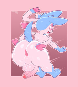 4_toes anthro anthrofied anus backsack balls big_butt blue_body blue_fur blush body_blush border bottom_heavy butt feet femboy foreskin fur genitals glans gloves_(marking) gradient_penis huge_butt huge_thighs humanoid_genitalia humanoid_penis leg_markings looking_at_viewer looking_back looking_back_at_viewer male markings motion_lines multicolored_body multicolored_fur nude open_mouth open_smile paws penis penis_backwards penis_blush perineum pink_anus pink_background pink_glans pink_penis pink_sclera pokemorph presenting presenting_hindquarters raised_tail rear_view ribbons simple_background smile socks_(marking) solo spread_butt spreading tail text thick_thighs toes white_body white_eyes white_fur frumples nintendo patreon pokemon eeveelution generation_6_pokemon pokemon_(species) shiny_pokemon sylveon 2022 artist_name dated digital_drawing_(artwork) digital_media_(artwork) signature