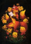 anthro claws female flower fur hair jewelry mask multi_tail navel necklace nude orange_body orange_fur peony_(flower) plant poppy_(flower) red_hair solo tail scale_(artist) canid canine fox mammal hi_res oil_painting_(artwork) painting_(artwork) traditional_media_(artwork)