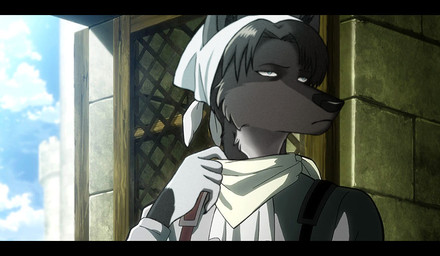alternate_species anthro anthrofied black_bars black_body black_fur clothing fur furrification grey_body grey_fur headgear headwear medieval_clothing solo white_body white_fur ouivon attack_on_titan levi_ackerman canid canine canis mammal wolf 2014 letterbox