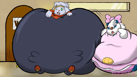 anthro belly belly_tuft big_belly bivalve_shell black_body bladder_inflation blue_body blue_eyes bow_(feature) bow_accessory brown_nose buckteeth clothing door dress female female_anthro floppy_ears grey_body hand_on_belly hand_on_own_belly head_tuft huge_belly hyper hyper_belly hyper_inflation hyper_omorashi inflation inside male male_anthro mollusk_shell narrowed_eyes omorashi one_eye_closed open_mouth outside_bathroom panties pigtails pink_nose pseudo_clothing red_body semi-anthro shell snaggle_tooth tail teeth tongue tuft underwear whisker_spots white_body pinkoshawott nintendo pokemon azzy_(pinkoshawott) generation_5_pokemon generation_8_pokemon lagomorph leporid mammal mustelid oshawott otter pokemon_(species) rabbit raboot 16:9 2022 hi_res widescreen