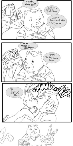 annoyed anthro bomb buckteeth container dialogue duo dynamite explosives female holding_object holding_sign kiss_on_lips kissing male open_mouth sign simple_background speech_bubble teeth text toony white_background shamelesss beneath_the_trees_where_nobody_sees looney_tunes warner_brothers bugs_bunny samantha_strong bear lagomorph leporid mammal rabbit 2025 6:13 black_and_white comic crossover english_text hi_res line_art monochrome shaded shaded_line_art