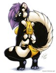anthro black_body black_fur bra clothing crouching exclamation_point female fur green_eyes hair looking_back panties pawpads purple_hair simple_background smile solo sports_bra text underwear white_background white_body white_fur michele_light mammal mephitid skunk spotted_skunk 2025 dated english_text