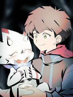 anthro brown_hair claws clothing container cup duo eyes_closed green_eyes hair holding_another horn jacket kerchief male mug neckerchief neckwear open_mouth open_smile smile tail topwear white_body noire02_a bandai_namco digimon gammamon_(ghost_game) hiro_amanokawa digimon_(species) gammamon human mammal 3:4 absurd_res hi_res