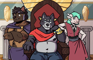 anthro bottomwear chair clothed clothing dress female furniture group male nipples pants throne throne_room trio lonesomechunk adastra adastra_(series) echo_(game) echo_(series) echo_project amicus_(adastra) bovid canid canine canis caprine goat mammal wolf hi_res