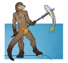 anthro blood bodily_fluids brown_body brown_fur claws clock clothed clothing fish_meat fishing food fur furgonomics harpoon hunting jewelry looking_at_viewer looking_back male meat melee_weapon neck_muscles necklace polearm rear_view solo spear spearfishing speedo swimwear tail tail_clothing tattoo toe_claws topless watch weapon whiskers yellow_eyes tsaiwolf kiva_(tsaiwolf) aquatic fish mammal mustelid otter