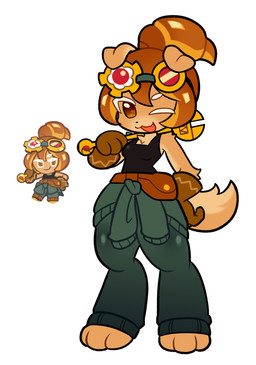alternate_species anthro big_butt brown_body brown_fur brown_hair butt clothing cookie ears_down eyewear female fluffy fluffy_tail food fur furrification gloves goggles hair handwear looking_at_viewer pivoted_ears shirt simple_background smile solo standing tail thick_thighs tight_clothing tools topwear white_background wrench @taps_u_owo cookie_run devsisters croissant_cookie canid canine food_creature mammal 2026 absurd_res digital_media_(artwork) hi_res