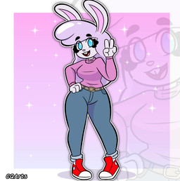 belt blue_eyes bottomwear buckteeth clothing denim denim_bottomwear denim_clothing female footwear gesture hair hand_gesture jeans long_hair pants purple_body red_clothing red_footwear red_shoes shoes smile smiling_at_viewer sneakers sparkles sweater teeth topwear turtleneck v_sign cqarts lavender_buns lagomorph leporid mammal rabbit