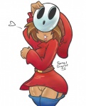 blue_clothing blue_legwear blush brown_hair clothing dark_body dark_skin female genitals hair heart_symbol hood hoodie legwear mask mask_pull not_furry pussy short_hair simple_background smile solo thigh_highs topwear white_background fernal-scarlet mario_bros nintendo human mammal shyguy 2015 signature