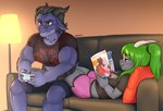anthro bottomwear clothed clothing controller duo electronics feet female furniture game_controller gaming hair holding_controller holding_game_controller holding_magazine holding_object lying magazine male male/female muscular muscular_anthro muscular_male on_back pillow playing_video_game reading reading_magazine shirt shorts sitting smile sofa tail teeth text toes topwear krazyelf mythology dragon mythological_creature mythological_scalie scalie digital_media_(artwork) english_text hi_res