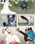 abs angry anthro clothed clothing duo featureless_crotch fight forest fur gloves grey_body grey_fur grey_wings hair handwear male plant punch standing text topless topless_male tree white_hair wings 60percentscalie dovak vauruk bat demon mammal comic english_text hi_res