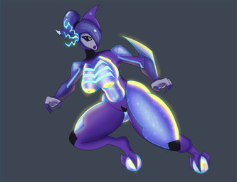 anthro big_breasts black_sclera blue_eyes breasts claws electricity featureless_crotch female finger_claws grey_background hair hair_over_eye inverted_nipples lights machine nipples one_eye_obstructed ponytail purple_body ringed_eyes simple_background solo thick_thighs toe_claws yellow_nipples reapcreates831 nintendo pokemon fan_character future_pokemon generation_9_pokemon humanoid hybrid iron_valiant legendary_pokemon miraidon paradox_pokemon pokemon_(species) robot ultimate_mode_miraidon 2022 hi_res