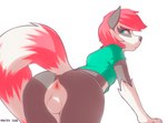 anthro anus backsack balls bent_over biped bottomless butt canid canine canis clothed clothing digital_media_(artwork) genitals girly green_eyes hair hi_res hybrid looking_back male mammal marblesoda pink_hair presenting presenting_anus presenting_hindquarters procyonid raccoon raised_tail rikki shirt simple_background solo tail topwear white_background wolf