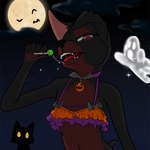 adolescent anthro bat_(object) bikini bikini_top black_body black_fur blue_eyes bodily_fluids brown_body brown_fur candy clothed clothing cloud collar colored_nails dessert detailed_background female floppy_ears food fruit fur glowing glowing_eyes heart_eyes heart_symbol holding_object holidays jack-o'-lantern lollipop looking_at_viewer moon nails night open_mouth orange_clothing outside plant pumpkin pupils purple_clothing purple_nails saliva sky slit_pupils smile soft_lighting solo star swimwear tail teeth tongue tongue_out two-piece_swimsuit wings young young_anthro moriapup halloween moria_(moriapup) bat canid canine canis dobermann domestic_cat domestic_dog felid feline felis ghost mammal pinscher spirit 1:1 2023 digital_media_(artwork) shaded