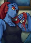 black_clothing black_shirt black_tank_top black_topwear blue_body blue_skin breasts cleavage clothed clothing eye_patch eyewear female fin hair ponytail pupils red_hair scales shirt sitting slit_pupils solo tank_top topwear window yellow_sclera micchan_sense undertale_(series) undyne animal_humanoid fish fish_humanoid humanoid marine marine_humanoid hi_res