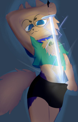 anthro blade clothing collar crop_top eyewear femboy fluffy fluffy_tail glasses male male/male shirt solo tail topwear kecuxa canid canine fox mammal absurd_res hi_res meme
