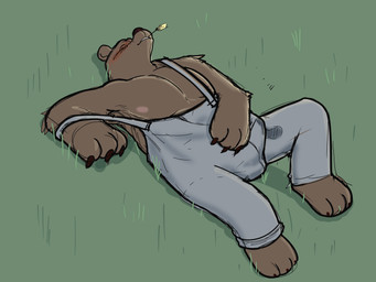 anthro bodily_fluids clothing farmer genital_fluids leaking_precum male overalls overalls_only precum precum_through_clothing sleeping solo wet wet_clothing dungeonhound bear mammal 4:3 absurd_res hi_res