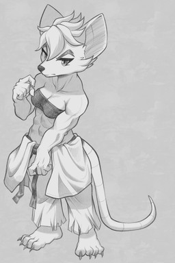 abs anthro breasts cheek_tuft clothing eyelashes facial_tuft female furrowed_eyebrows hairless_tail head_tuft martial_art_pants martial_arts_dojo muscular muscular_anthro muscular_female nails neutral_expression sharp_nails small_breasts solo tail topwear tube_top tuft cutegraphite rivals_of_aether olympia_(rivals_of_aether) mammal murid murine rat rodent 2026 2:3 digital_media_(artwork) hi_res monochrome