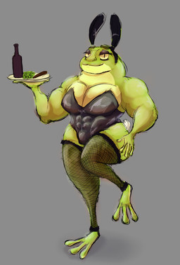 anthro big_breasts big_butt big_muscles big_pecs blush breasts bunny_costume butt clothing costume fake_ears fake_rabbit_ears femboy fishnet_clothing glistening glistening_body glistening_latex green_body huge_pecs latex latex_clothing legwear male muscular muscular_anthro muscular_male pecs simple_background solo thick_thighs thigh_highs wide_hips sugar_king amphibian frog mammal absurd_res digital_media_(artwork) hi_res