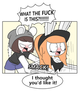 angry anthro beanie black_clothing black_hat black_headwear black_shirt black_topwear blue_bottomwear blue_clothing blue_shorts blush blush_lines bodily_fluids bottomwear breasts brown_hair canvas cleavage clothed clothing dialogue duo eyelashes female grey_beanie grey_clothing grey_hat grey_headwear hair hat headgear headwear hitting_another hitting_head male orange_hair ponytail shirt shorts speech_bubble tail tears text topwear tonytoran tina_(tonytoran) tony_(tonytoran) chinchilla chinchillid lagomorph leporid mammal rabbit rodent comic hi_res